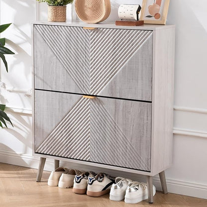 oakvivo Shoe Cabinet with 2 Flip Drawers, Freestanding Shoe Organizer with 4 Wooden feet, Modern Shoes Storage Cabinet for Entryway, Hidden Narrow Shoe Rack Cabinet for Foyer, Hallway, Mudroom, Grey