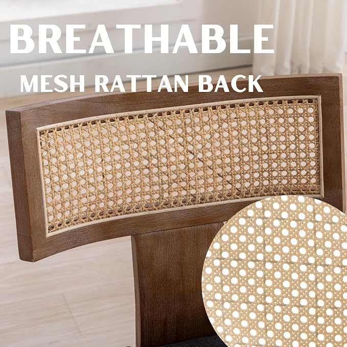 RIVOVA Rattan Dining Chairs Set of 4, Modern Fabric Upholstered Kitchen Chairs, Wooden Dining Room Chair Farmhouse Dinner Chair, Charcoal