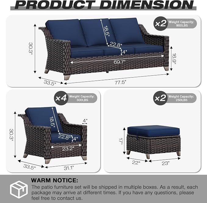 Joyside Wicker Patio Furniture Sets, 7 Pieces Upgraded Large Size Outdoor Furniture with 4 Swivel Rocking Patio Chairs, 3-Seat Sofa, Outdoor Ottoman, Thick Cushions, Wide Armrest, Blue