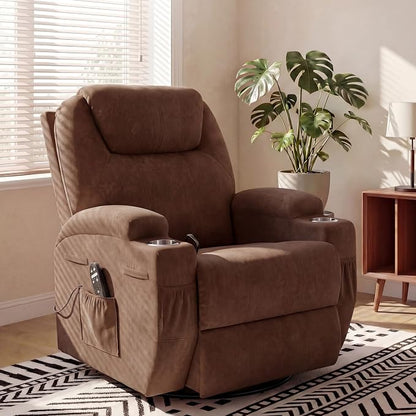 JUMMICO Small Swivel Rocker Recliner, 360 Rocking Chair Recliner with Massage, Upholstered Fabric Rocker Recliner with Cup Holder for Living Room, Bedroom, Nursery (Brown)