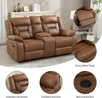 EBELLO Manual Recliner Sofa Set, Faux Leather Reclining Living Room Furniture Set, Included Single Recliner Chair and Manual Loveseat Sofa, Brown