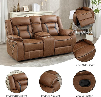 EBELLO Faux Leather Manual Loveseat Recliner, 2 Seat Reclining Sofa Chair with Center Console, Hidden Storage and Cup Holders, Daul Recliner for Living Room, Meeting Room, Brown (Loveseat)