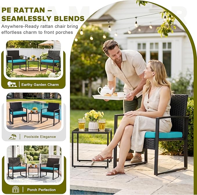 Flamaker Patio Set Outdoor Wicker Furniture, Modern Bistro Set with Rattan Chair and Coffee Table for Yard (Blue)