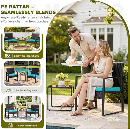 Flamaker Patio Set Outdoor Wicker Furniture, Modern Bistro Set with Rattan Chair and Coffee Table for Yard (Blue)