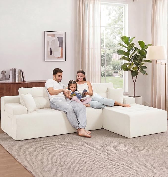 Hobestluk Modular Sectional Sofa Couches L-Shape Couch 3 Seat Modular Sofa Memory Foam Sectional Couches for Living Room, Cloud Couch with Oversized Chaise (White Tufted, 108", Right Hand Facing)