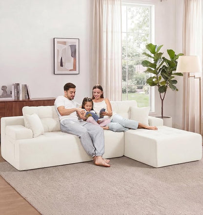 Hobestluk Modular Sectional Sofa Couches L-Shape Couch 3 Seat Modular Sofa Memory Foam Sectional Couches for Living Room, Cloud Couch with Oversized Chaise (White Tufted, 108", Right Hand Facing)