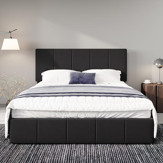 Allewie Queen Size Dutch Velvet Upholstered Platform Bed Frame/Vertical Channel Tufted Adjustable Headboard/Low Profile Bed Frame/No Box Spring Needed/Easy Assembly/Black