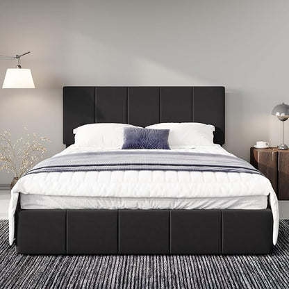 Allewie Queen Size Dutch Velvet Upholstered Platform Bed Frame/Vertical Channel Tufted Adjustable Headboard/Low Profile Bed Frame/No Box Spring Needed/Easy Assembly/Black