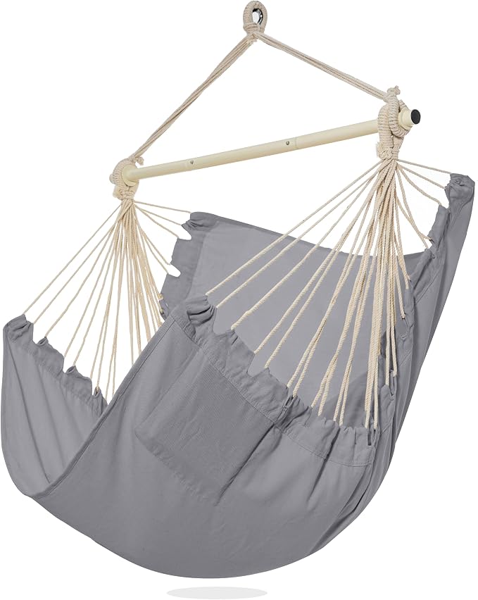 PNAEUT Hammock Chair Hanging Rope Swing for Outside Indoor for Bedroom, Outdoor, Patio (Gray)