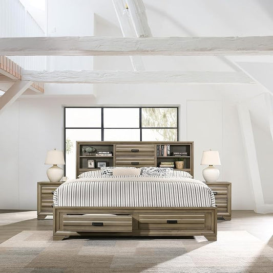 Roundhill Furniture Loiret Light Gray Finish 3-Piece Wood Bedroom Set with Queen Size Storage Bed with Two Nightstands