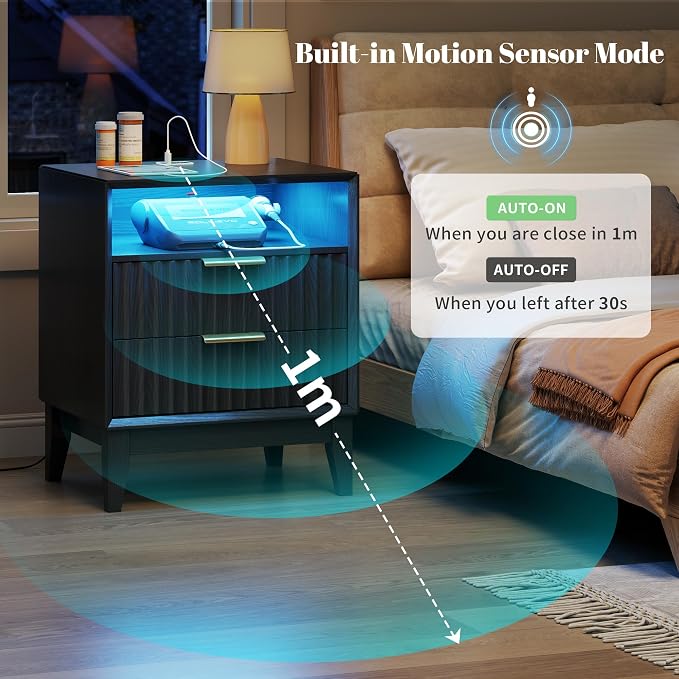 LVSOMT 20'W Fluted Nightstand Set of 2, Night Stand with Charging Station and LED Lights, RFID Lock Hidden Drawer, Mid Century Modern Bedside Table for Bedroom, 2 Drawers and Open Storage Cubby, Black