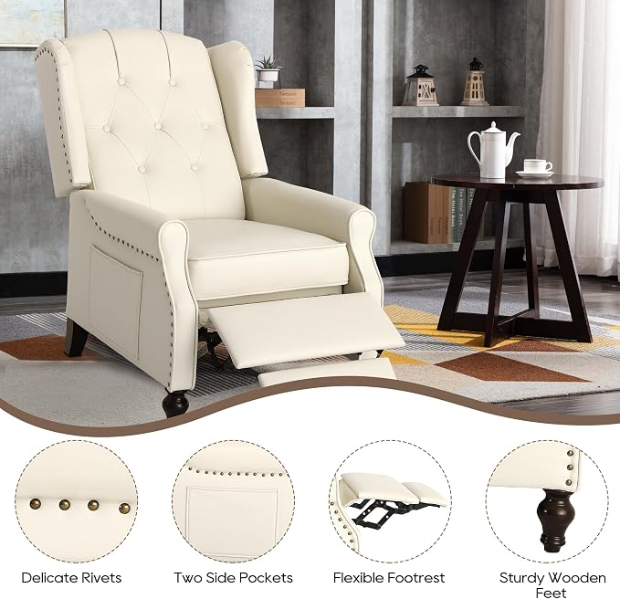 Wingback Recliner Chair with Massage and Heat, Tufted PU Leather Push Back Arm Chair for Living Room Vintage Recliner Chair with Remote Control, Padded Cushion, Backrest (Beige-pu)