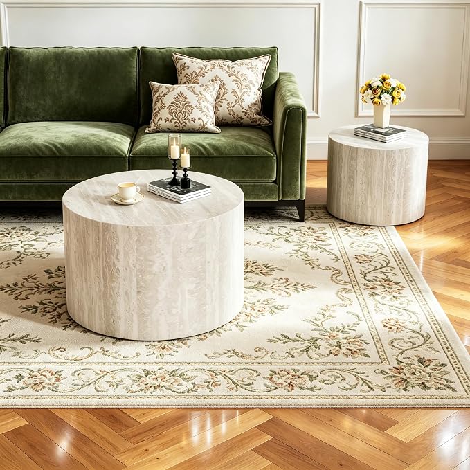 Round Nesting Coffee Tables Modern Travertine Coffee Table Small Round Coffee Tables Circular Side Table Accent End Table Nested Coffee Table Set for Living Room (Travertine)