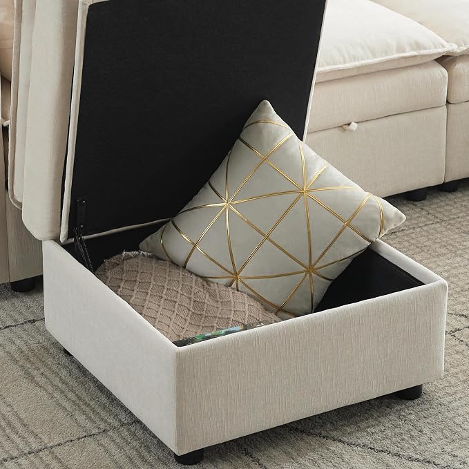 27" Large Square Ottoman with Storage, Modern Upholstered Footrest with Anti-Slip Legs for Couch Coffee Table Living Room, Bedroom, Entryway, Chenille Beige