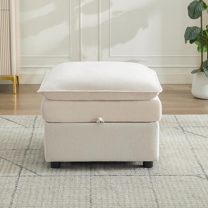 27" Large Square Ottoman with Storage, Modern Upholstered Footrest with Anti-Slip Legs for Couch Coffee Table Living Room, Bedroom, Entryway, Chenille Beige