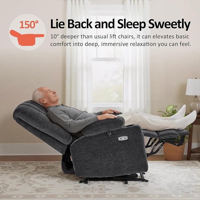 MCombo Power Lift Recliner Chair for Elderly, Lift Chair with Heat and Massage, USB &Type C Ports, Cup Holders, Fabric 7095 (Medium, Dark Grey)