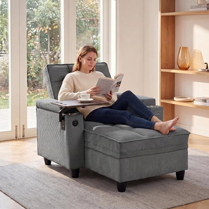 Convertible Sleeper Chair, Pull Out Sofa Bed with Adjustable Backrest & Hidden Storage Armrest, Single Sofa Recliner with USB Charging Port & Cup Holders for Living Room, Bedroom, Dark Gray