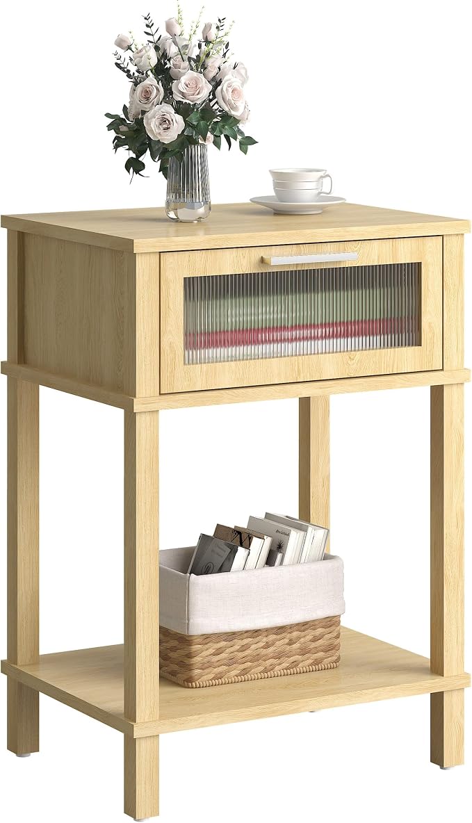 Nightstand Wooden Bedside Table with Drawer Natural Wood Night Stands Modern Style Small End Table Side Table with Storage Shelf for Bedroom Living Room MLBZ10YEV