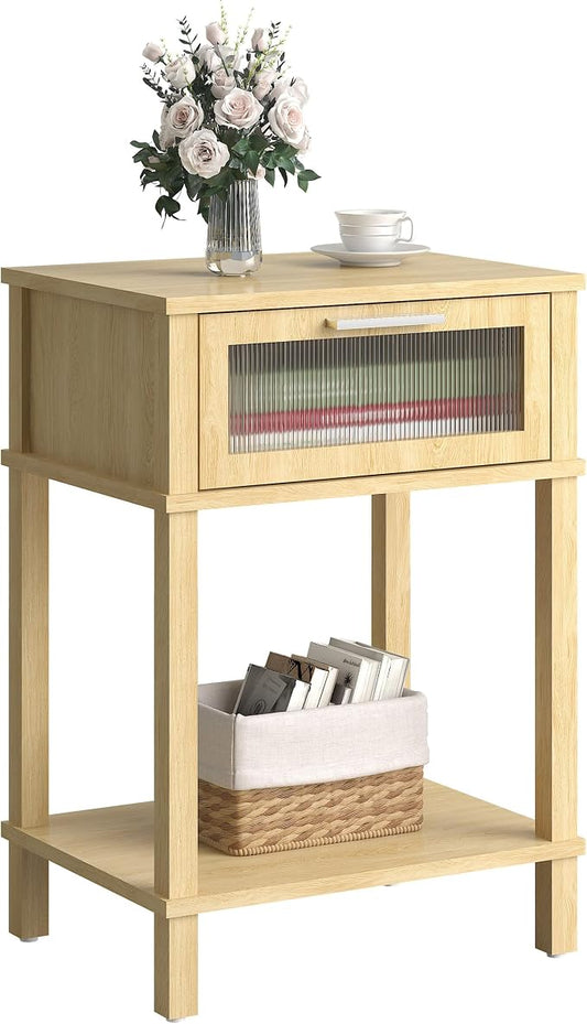 Nightstand Wooden Bedside Table with Drawer Natural Wood Night Stands Modern Style Small End Table Side Table with Storage Shelf for Bedroom Living Room MLBZ10YEV