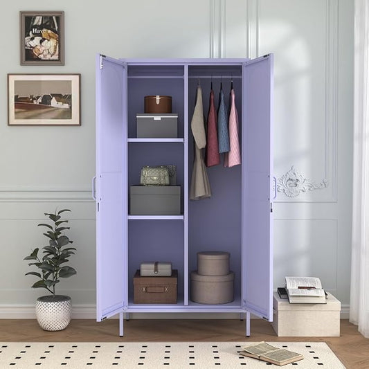 Lockable Closet Metal Wardrobe 67" Purple 2 Door Wardrobe Bedroom Storage Cabinet Adjustable shelf Multi functional metal Storage Cabinet with hanging rail for domestic use 18.1" D x 31.5" W x 67" H