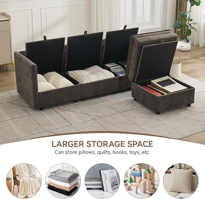 80" Cloud Modular 3 Seater Sofa with Storage Ottoman, Modern Upholstered Storage Sofa Couch Deep Seat, L Shape Sectional Sofa Chenille Comfy Couch with Armrests for Living Room, Small Space, Brown