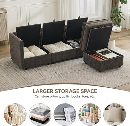 80" Cloud Modular 3 Seater Sofa with Storage Ottoman, Modern Upholstered Storage Sofa Couch Deep Seat, L Shape Sectional Sofa Chenille Comfy Couch with Armrests for Living Room, Small Space, Brown