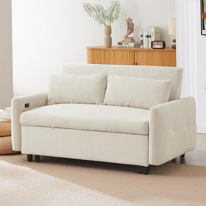 ERYE 57.5-Inch Loveseat Sofa with Pull Out Sleeper Couch Bed, Comfy Corduroy Upholstered Love Seat Sofa Convertible Sleeper Sofabed,Lounge Recliner Chaise Daybed | USB Charging Ports