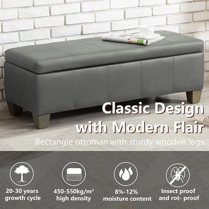 51 Inch Storage Ottoman, Storage Bench with Safety Hinge, Upholstered Synthetic Leather Ottoman Bench for Bedroom, Living Room, Entryway, Hallway, Foot Rest, Support 500lbs