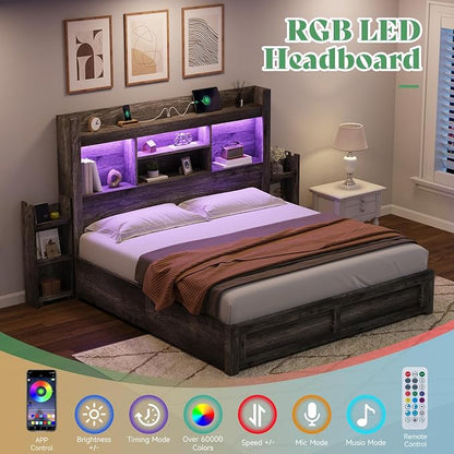 AMERLIFE Queen Bed Frame with 4 Storage Drawers, LED Bed Frame with 49“ Tall Bookcase Headboard, Wood Platform Bed with Charging Station & 2 Slide Bedside Shelf, No Box Spring Needed/Rustic Grey