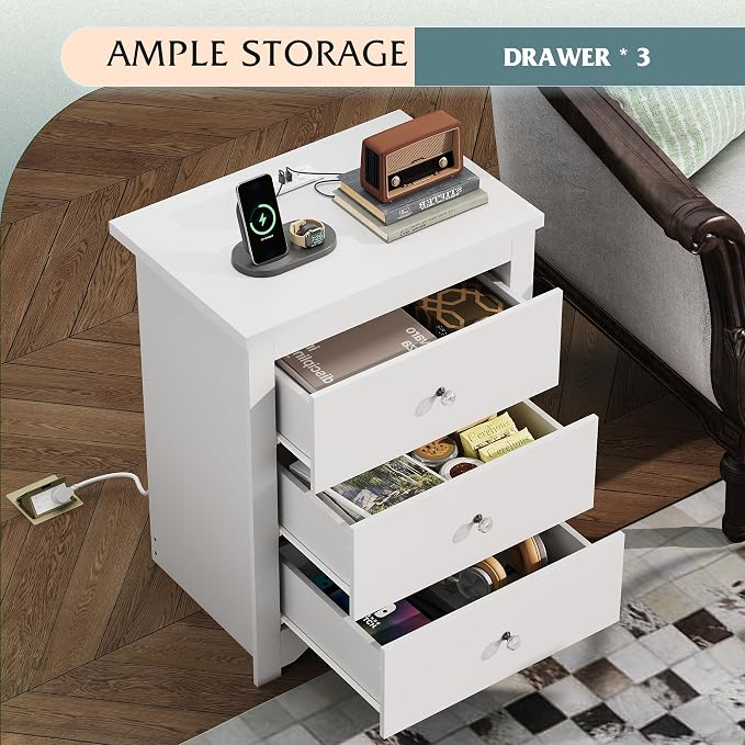 WLIVE White Nightstand with Charging Station, Wood Night Stand with 3 Drawers Storage, Tall Bedside Table End Side Tables with 2 USB Ports and Outlets for Bedroom, Closet, White