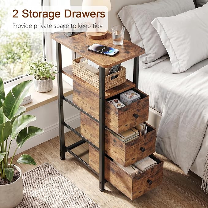 LOAKEKEL Narrow End Tables Living Room Set of 2 with Charging Station, Skinny Side Table with Fabric Drawers, Slim Nightstand for Bedroom, Small Spaces, Couch, Rustic Brown, HETNDP03PBR