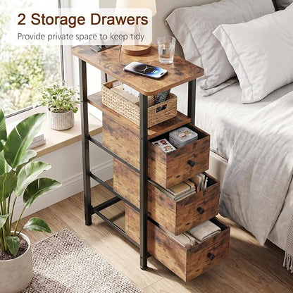 LOAKEKEL Narrow End Tables Living Room Set of 2 with Charging Station, Skinny Side Table with Fabric Drawers, Slim Nightstand for Bedroom, Small Spaces, Couch, Rustic Brown, HETNDP03PBR