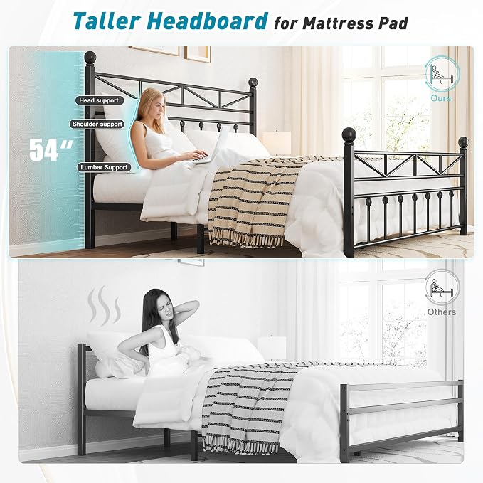 EnHomee 14.2" Queen Size Metal Platform Bed Frame, Tall Headboard and LED Lights, Victorian Vintage Style，Under Bed Storage, Heavy Duty Metal Slats & Noise Free, Black