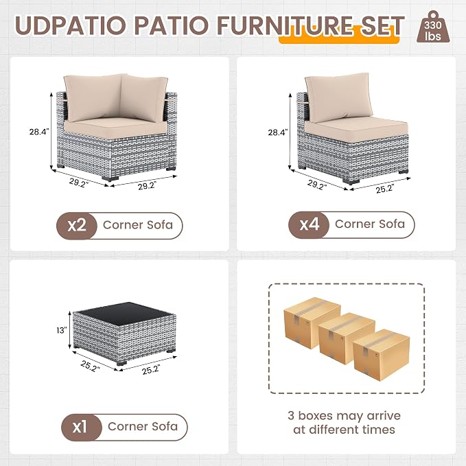 UDPATIO Outdoor Patio Furniture Set, 7 Pcs PE Wicker Sectional Sofa with Tea Table, Outdoor Conversation Set with Waterproof Cover for Patio, Garden, Backyard (Beige Cushions with Grey Rattan)