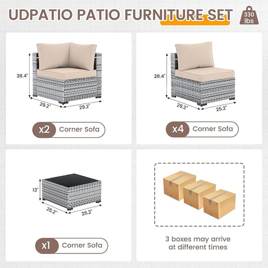UDPATIO Outdoor Patio Furniture Set, 7 Pcs PE Wicker Sectional Sofa with Tea Table, Outdoor Conversation Set with Waterproof Cover for Patio, Garden, Backyard (Beige Cushions with Grey Rattan)