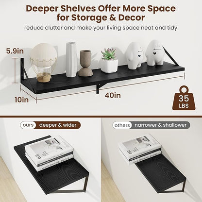 Axeman Deep Floating Shelves | 40 Inch Black Wall Shelves Set of 2 | 10 Inch Deep Rustic Wood Shelves for Wall | 40'' W x 10''D Black Shelves for Living Room Bathroom Kitchen