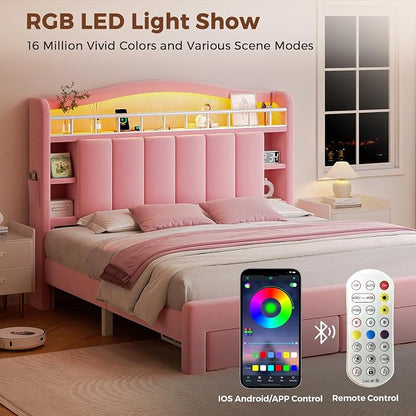Full LED Bed Frame with Storage Headboard & 2 Storage Drawers, Princess Velvet Upholstered Bed with Vertical Tufted Headboard Design for Girls, USB & Type-C Charging Ports, Wooden Slats Support, Pink