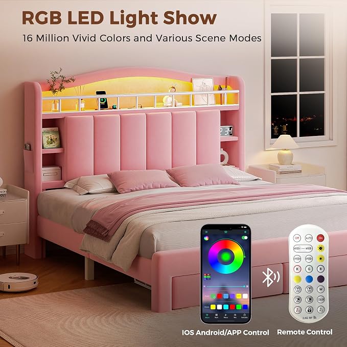 Queen LED Bed Frame with Storage Headboard & 2 Storage Drawers, Princess Velvet Upholstered Bed with Vertical Tufted Headboard Design for Girls, USB & Type-C Charging Ports, Wooden Slats Support, Pink