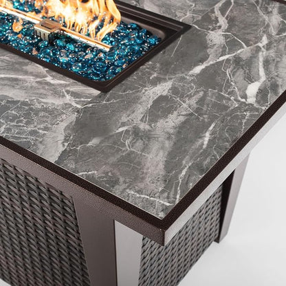 42" Propane Gas Fire Pit Table 50000 BTU Rectangular Outdoor Fire Pit with Ceramic Tile Tabletop Glass Wind Guard, Steel Patio Fire Table & PE Wicker Panel, Lid Rain Cover for Backyard Garden, Gray