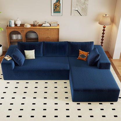 96" Modular Sectional Sofa, Modern Corduroy Cloud Couch with Deep Seat, Boneless Couch Upholstered 3-Seater L-Shaped Sofa for Living Room, No Assembly Required (Blue, Right-Facing Chaise)