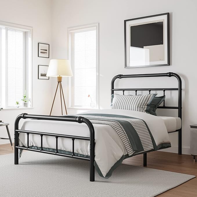 BOSRII Twin Size Bed Frame with Headboard and Footboard, 18 Inches High, 3500 Pounds Heavy Duty Metal Slats Support for Mattress, No Box Spring Needed,Noise-Free, Black