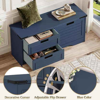 FATORRI 41 Inch Storage Bench, Industrial Shoe Bench for Entryway, End of Bed Bench and Window Bench for Living Room, Bedroom and Mudroom (Blue)