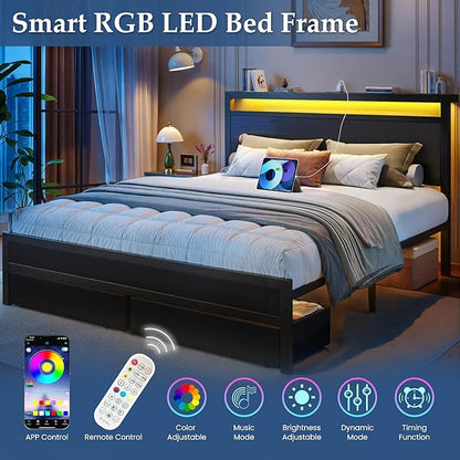Fluest Queen Bed Frame,Queen Bed Frame with Storage Headboard & 2 Storage Drawer, Charging Station & LED Light, No Box Spring Needed, Noise Free, Easy Assembly, Classic Black