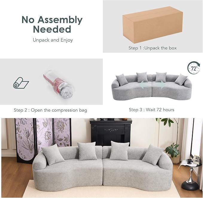 110.2" Curved Sectional Sofa,Luxury Wood Grain Chenille Fabric, Oversized Sectional Sofa,Compression Curved Couch for Living Room,No Assembly Needed (Grey, 110.2 Inch)