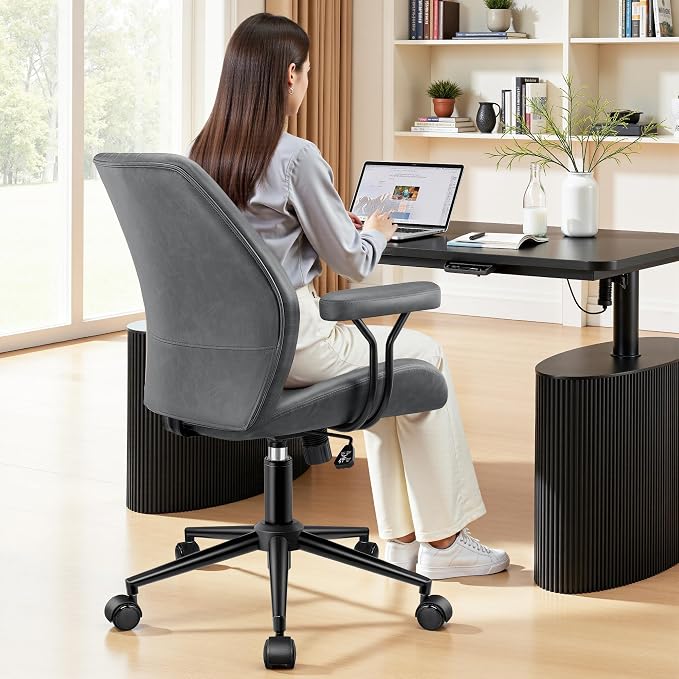 HeroSet Leather Office Chair with Removable Armrests, Mid Back Ergonomic Desk Chair with Lumbar Support, Adjustable Height Rocking Swivel Executive Chair for Home Office, Drak Gray