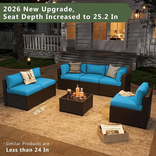Aoxun 7 Piece Patio Furniture Set, Wicker Rattan Patio Sectional Sofa, Outdoor Furniture Set with Thickened Cushion, Peacock Blue