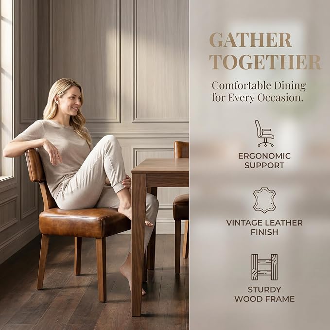 HNY Century Modern Dining Chairs Set of 4, Farmhouse PU Leather Upholstered Accent Chair Curved Backrest Kitchen Chairs, with Hardwood Frame, Brown 4PC