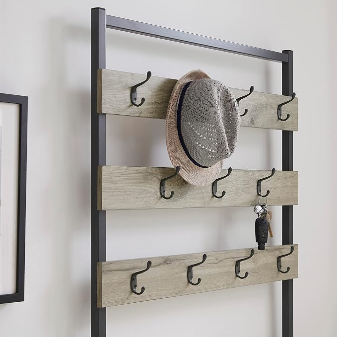 Linon Shaymus Grey Metal Hall Tree with Greywashed Wood Bench and Seat Featuring Multiple Hooks
