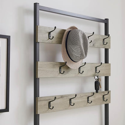 Linon Shaymus Grey Metal Hall Tree with Greywashed Wood Bench and Seat Featuring Multiple Hooks