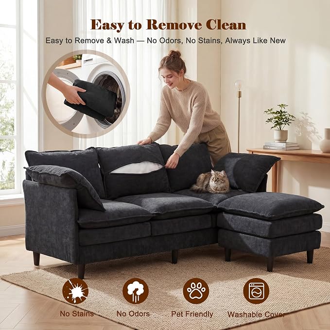 3 Seater L-Shape Couch Sofa with Ottoman, 69" Small Couch Modern Comfy Cloud Chenille Sofa 23" Deep with Washable Pillow Cover Couches for Living Room Bedroom Apartment Office 69-Black-L